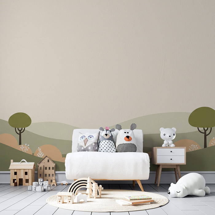 Papier peint chambre bébé | Décor de collines douces et d'arbres stylisés