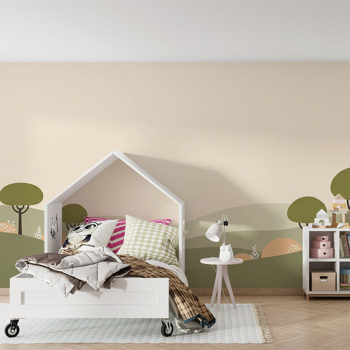 Papier peint chambre bébé | Décor de collines douces et d'arbres stylisés