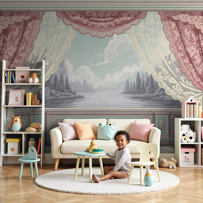 Papier peint chambre bébé | Décor de fenêtre avec rideaux et paysage paisible