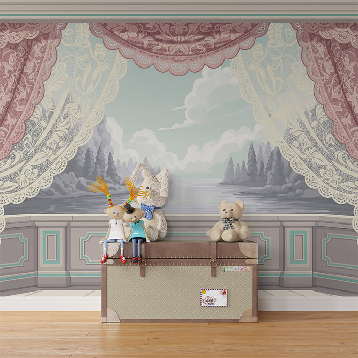 Papier peint chambre bébé | Décor de fenêtre avec rideaux et paysage paisible