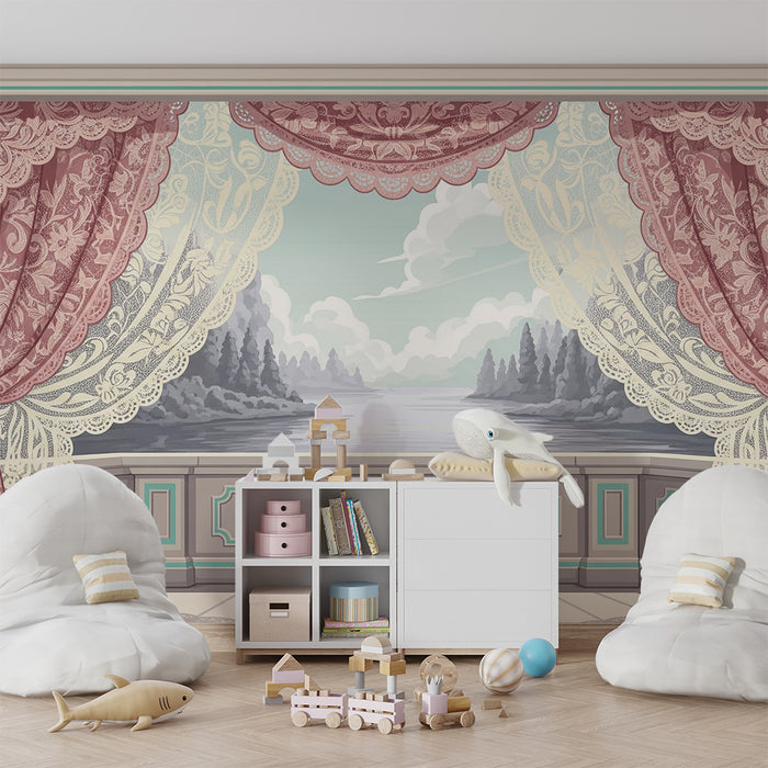 Papier peint chambre bébé | Décor de fenêtre avec rideaux et paysage paisible