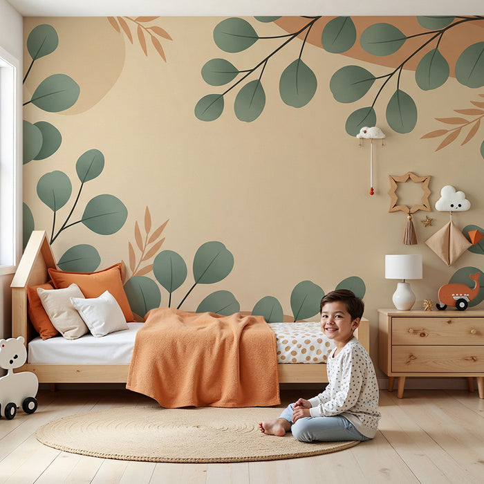 Papier peint chambre bébé | Décor de feuillage délicat sur fond doux