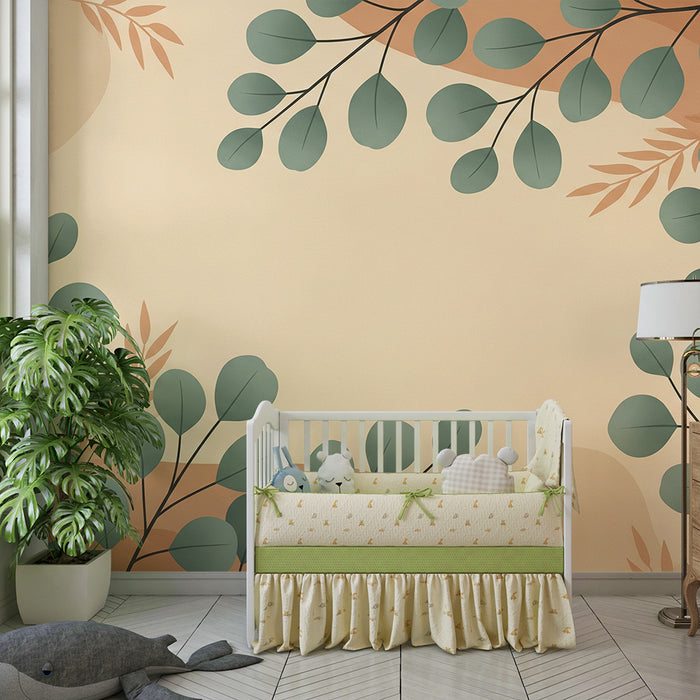 Papier peint chambre bébé | Décor de feuillage délicat sur fond doux
