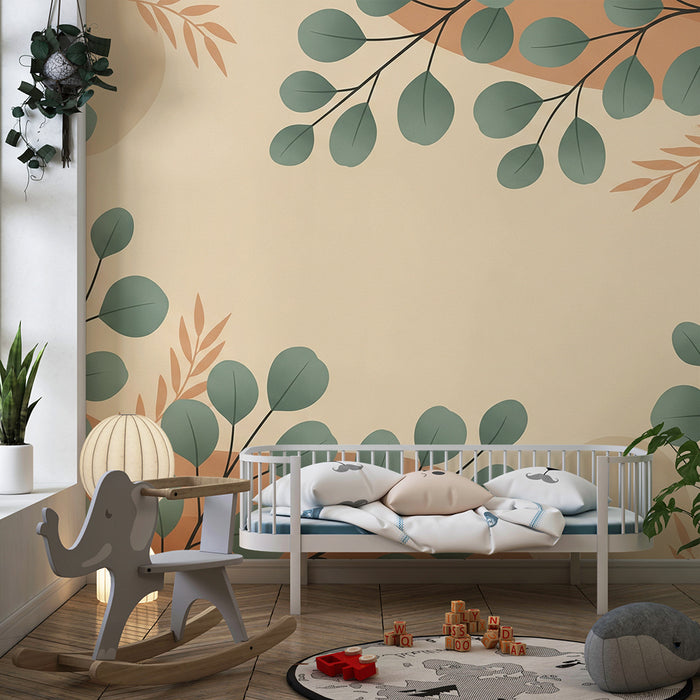 Papier peint chambre bébé | Décor de feuillage délicat sur fond doux