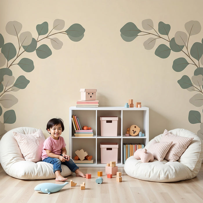 Papier peint chambre bébé | Décor de feuilles délicates sur fond doux et apaisant