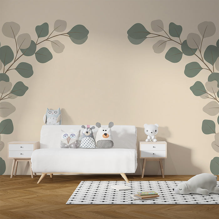 Papier peint chambre bébé | Décor de feuilles délicates sur fond doux et apaisant