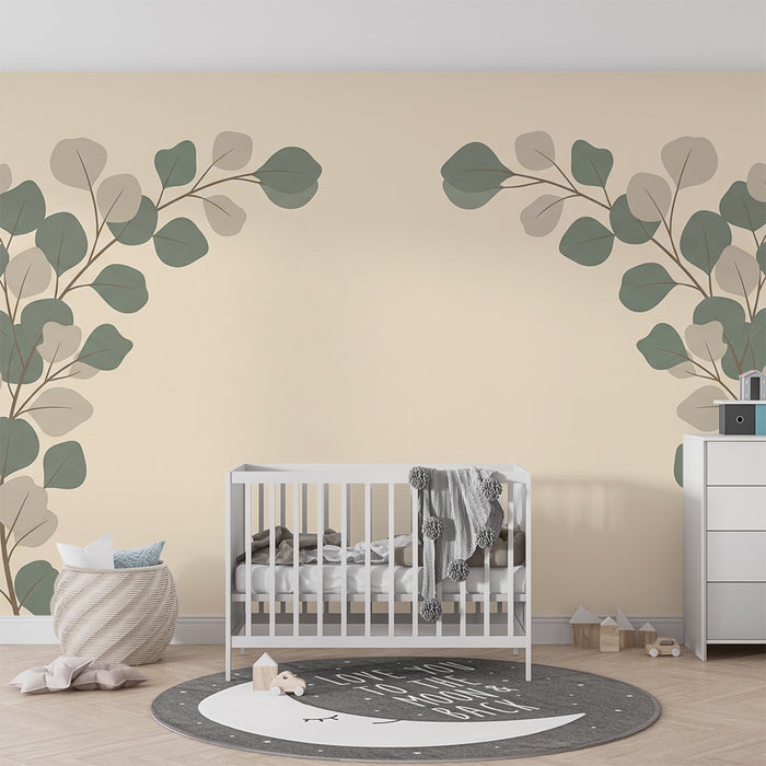 Papier peint chambre bébé | Décor de feuilles délicates sur fond doux et apaisant