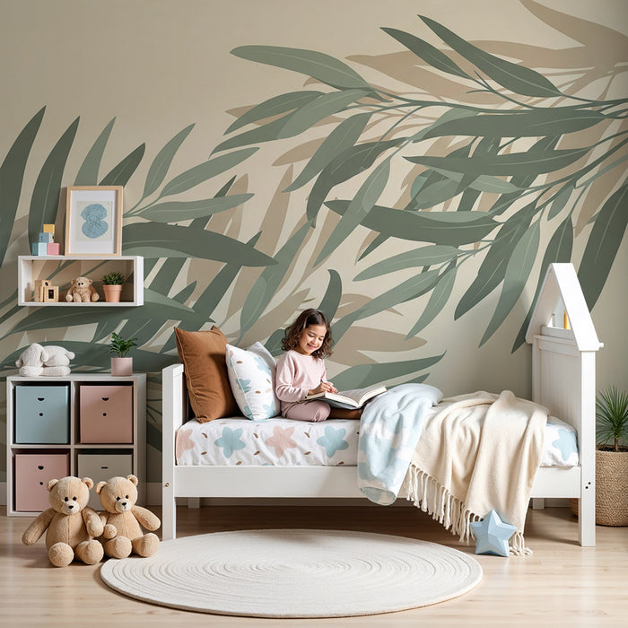 Papier peint chambre bébé | Décor de feuilles délicates sur fond doux et naturel