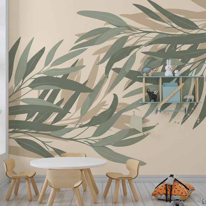 Papier peint chambre bébé | Décor de feuilles délicates sur fond doux et naturel