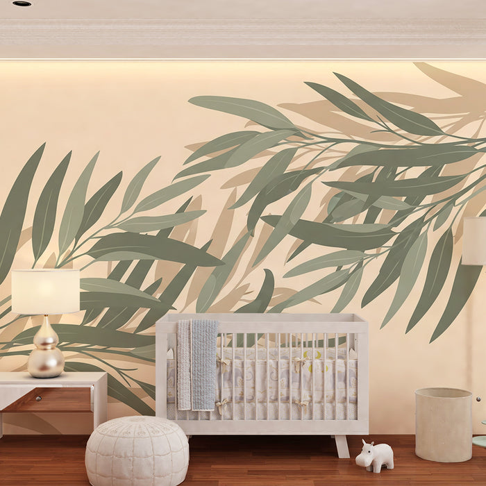 Papier peint chambre bébé | Décor de feuilles délicates sur fond doux et naturel