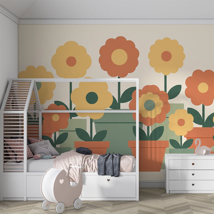 Babyværelses tapet | Dekoration med farverige blomster i bløde potter