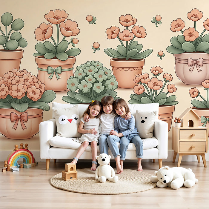 Papier peint chambre bébé | Décor de fleurs délicates dans des pots aux teintes douces