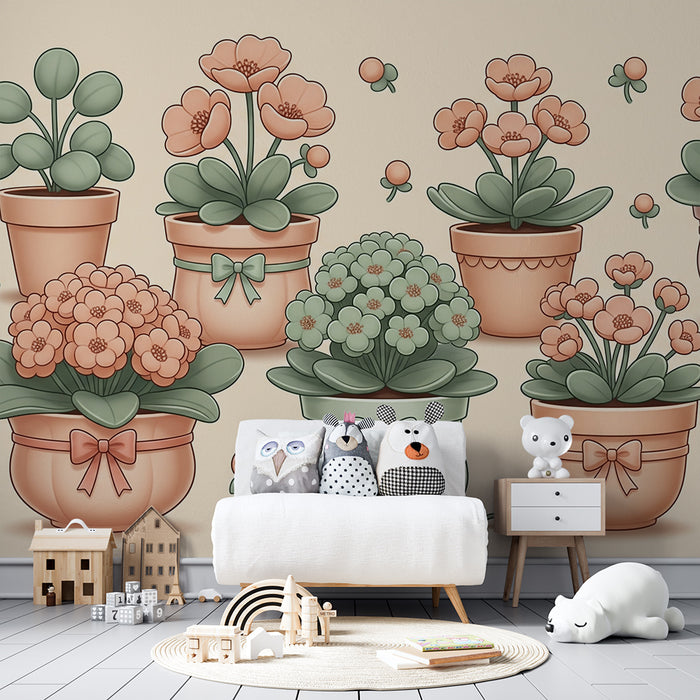 Papier peint chambre bébé | Décor de fleurs délicates dans des pots aux teintes douces