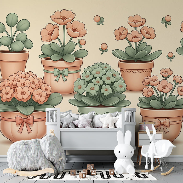 Papier peint chambre bébé | Décor de fleurs délicates dans des pots aux teintes douces