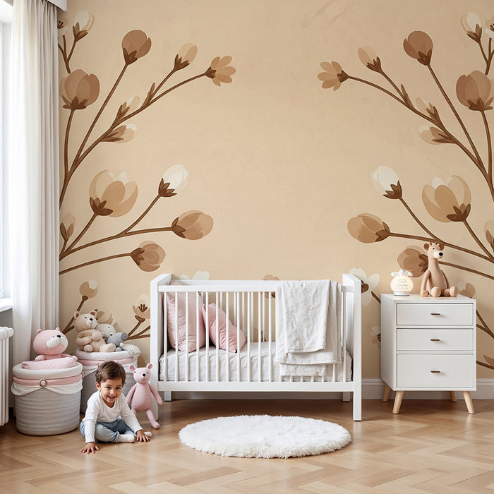 Papier peint chambre bébé | Décor de fleurs délicates sur fond beige