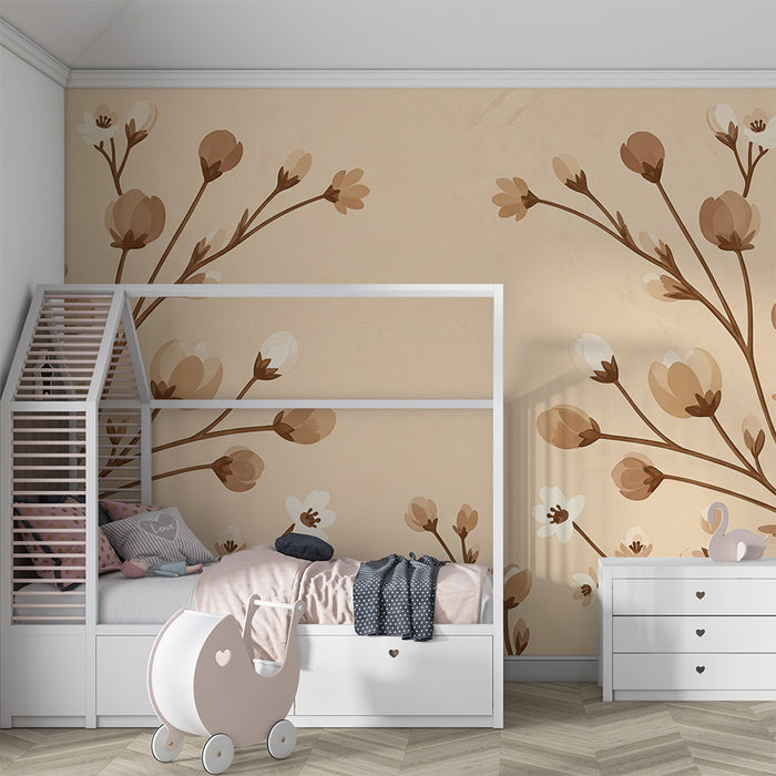 Papier peint chambre bébé | Décor de fleurs délicates sur fond beige