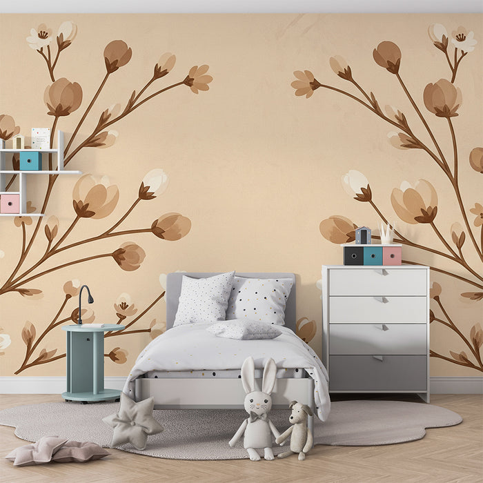 Papier peint chambre bébé | Décor de fleurs délicates sur fond beige