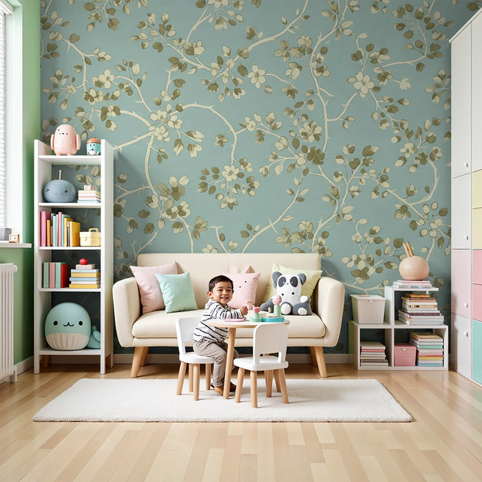 Papier peint chambre bébé | Décor de fleurs délicates sur fond bleu apaisant