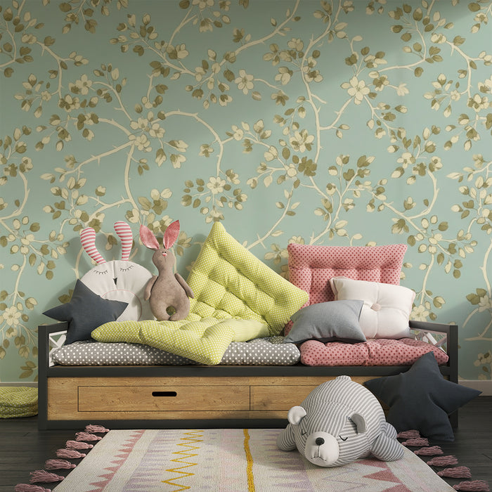 Papier peint chambre bébé | Décor de fleurs délicates sur fond bleu apaisant