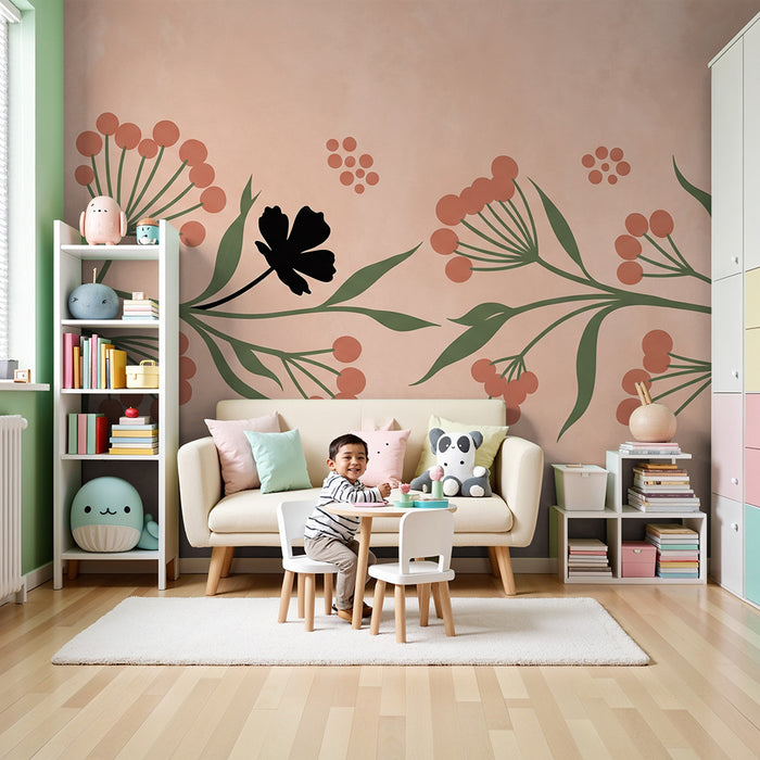 Papier peint chambre bébé | Décor de fleurs délicates sur fond rose doux