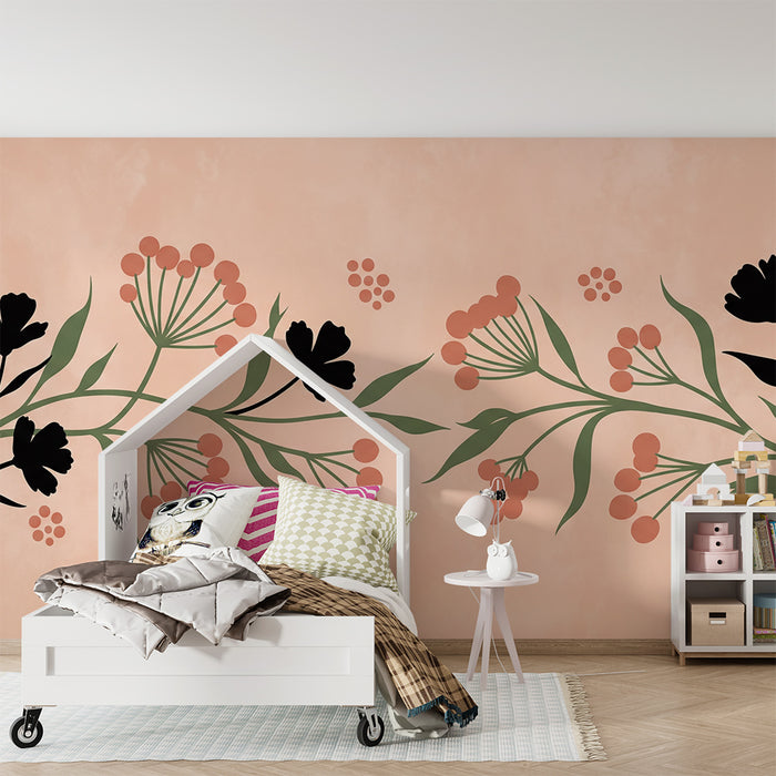 Papier peint chambre bébé | Décor de fleurs délicates sur fond rose doux