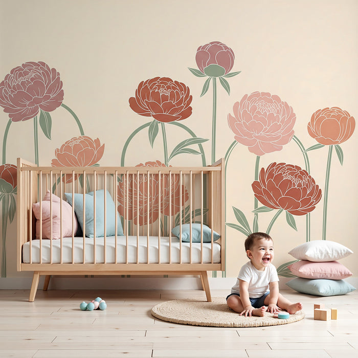 Papel de parede para quarto de bebé | Decoração com peónias delicadas sobre fundo suave e estilo relaxante