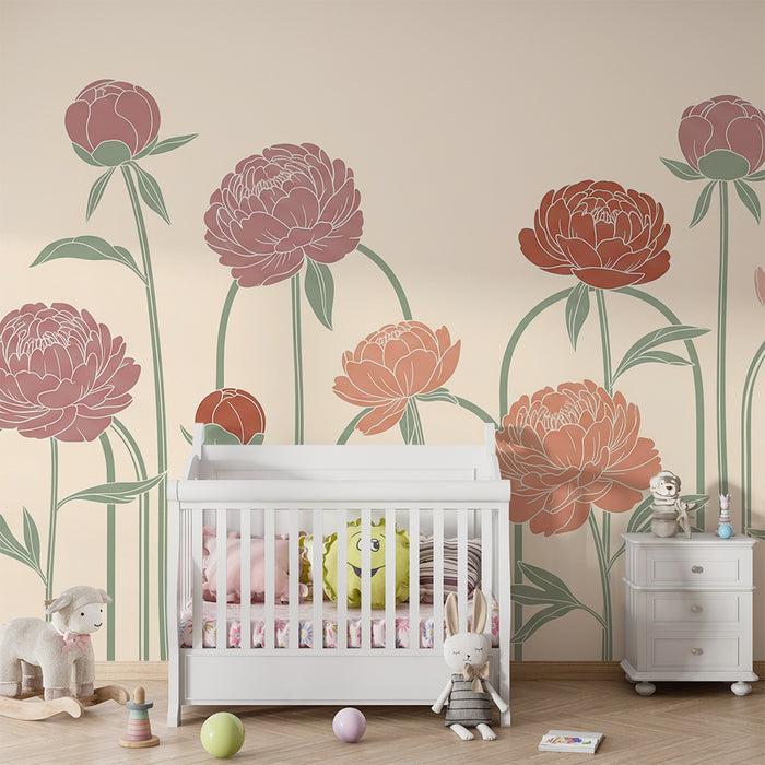 Papel de parede para quarto de bebé | Decoração com peónias delicadas sobre fundo suave e estilo relaxante