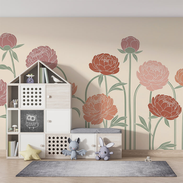 Papel de parede para quarto de bebé | Decoração com peónias delicadas sobre fundo suave e estilo relaxante