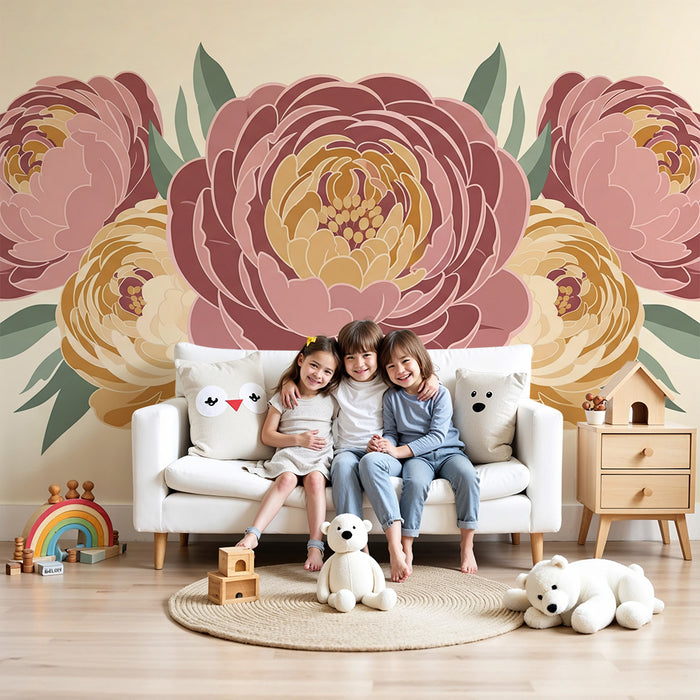 Papel de parede para quarto de bebé | Decoração com peónias delicadas sobre um fundo suave e tranquilo
