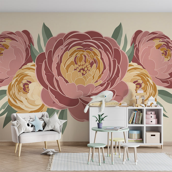 Papel de parede para quarto de bebé | Decoração com peónias delicadas sobre um fundo suave e tranquilo