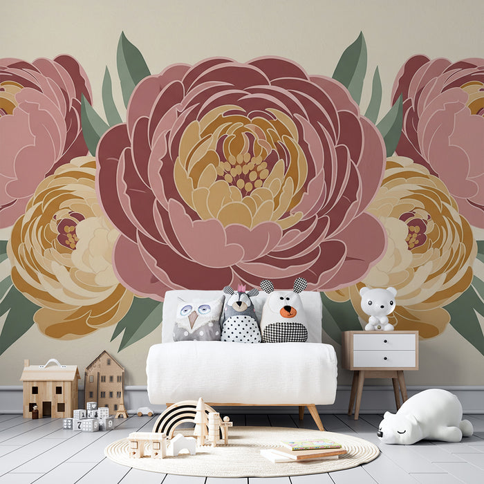 Papel de parede para quarto de bebé | Decoração com peónias delicadas sobre um fundo suave e tranquilo