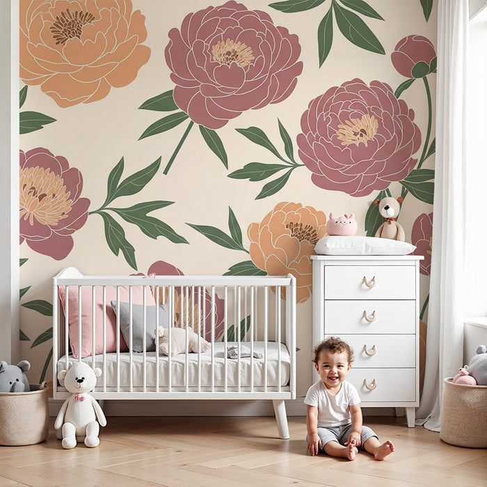 Baby nursery wallpaper | Delicate peony design on a soft, light background