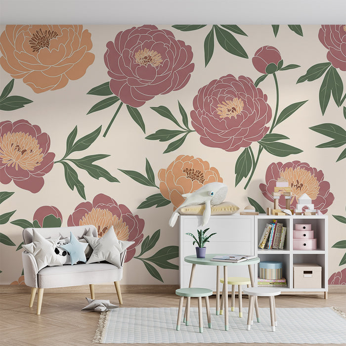 Baby nursery wallpaper | Delicate peony design on a soft, light background
