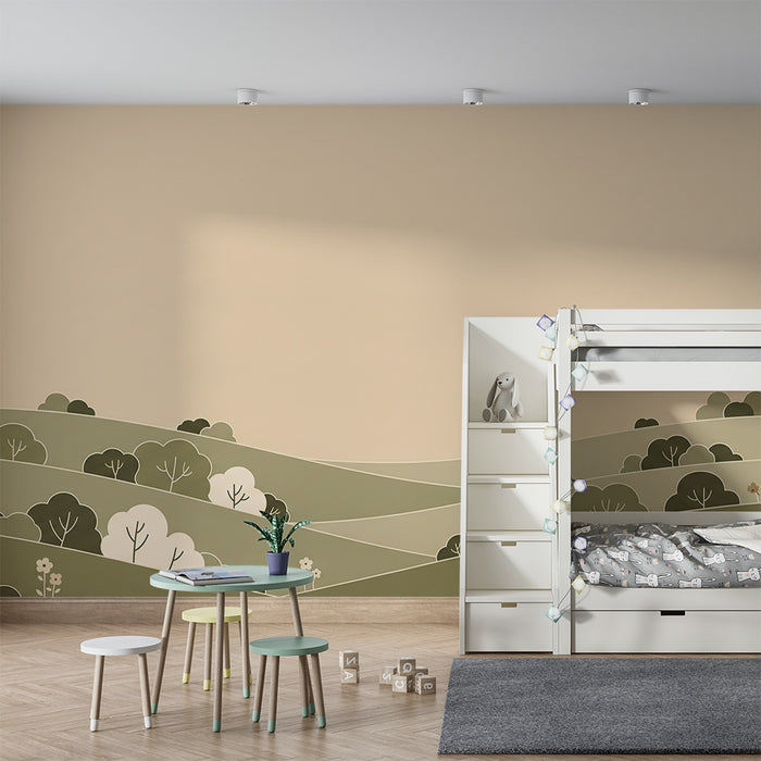 Papier peint chambre bébé | Décor doux de collines et arbres stylisés