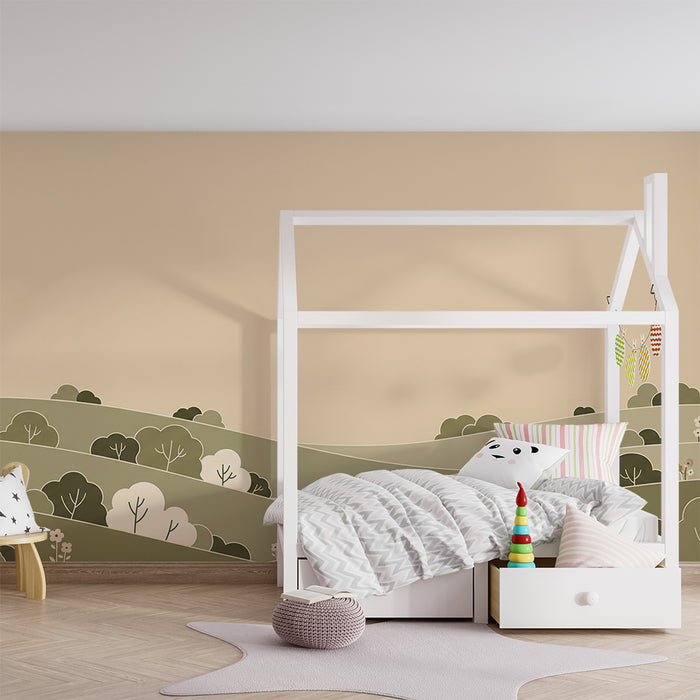 Papier peint chambre bébé | Décor doux de collines et arbres stylisés