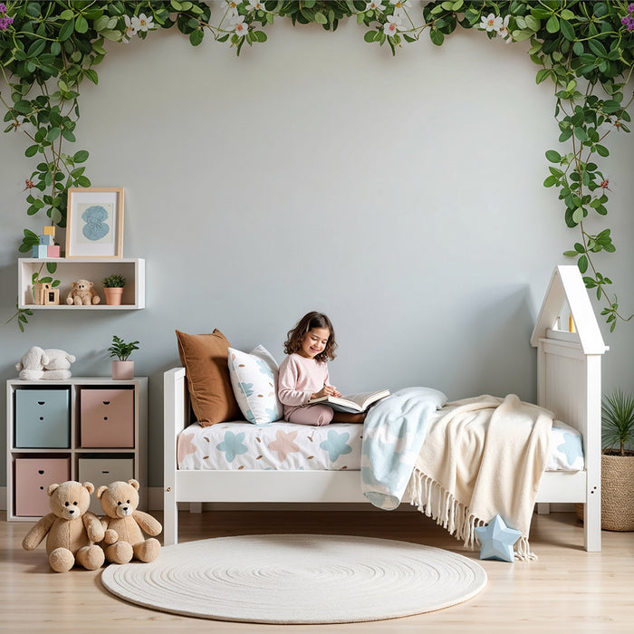 Barntapet | Delikat blomsterdekoration med gröna blad och färgglada blommor