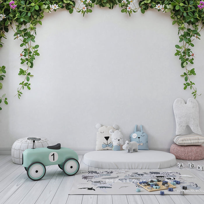 Barntapet | Delikat blomsterdekoration med gröna blad och färgglada blommor