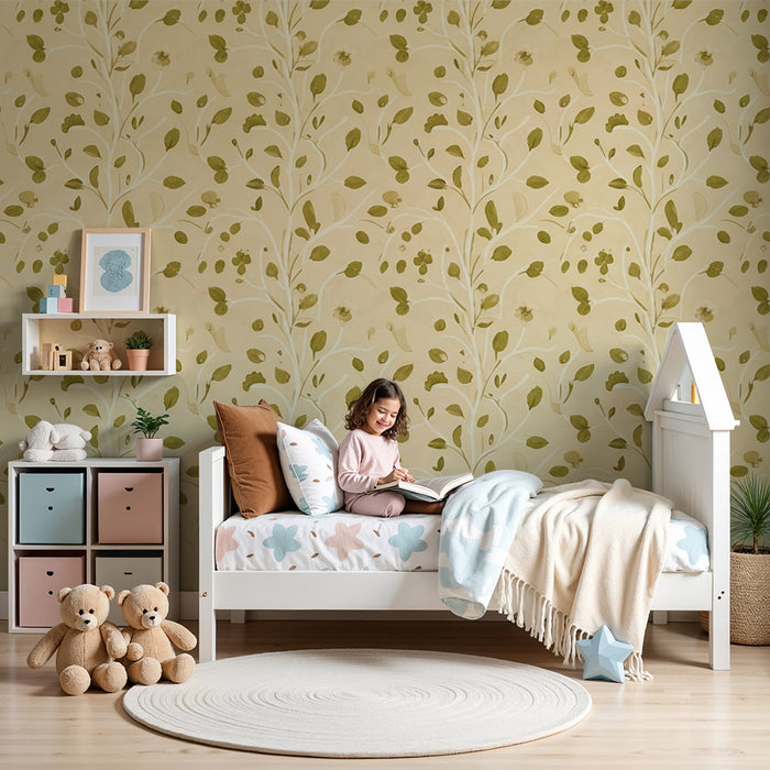 Børneværelsestapet | Delikat blomsterdekoration på beige baggrund