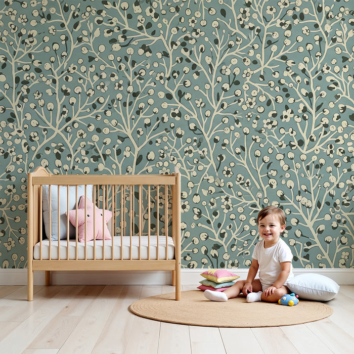 Nursery wallpaper | Delicate floral pattern on a blue background