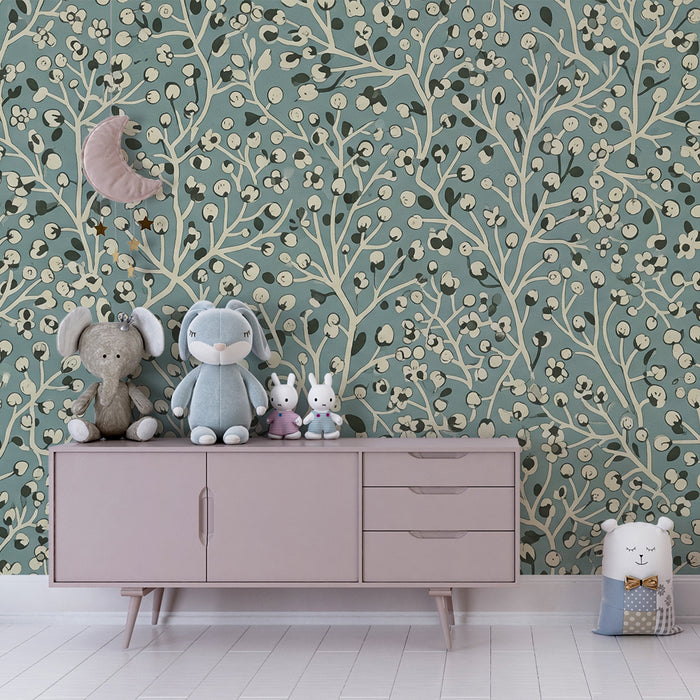 Nursery wallpaper | Delicate floral pattern on a blue background