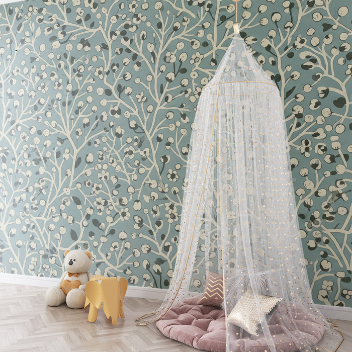 Nursery wallpaper | Delicate floral pattern on a blue background