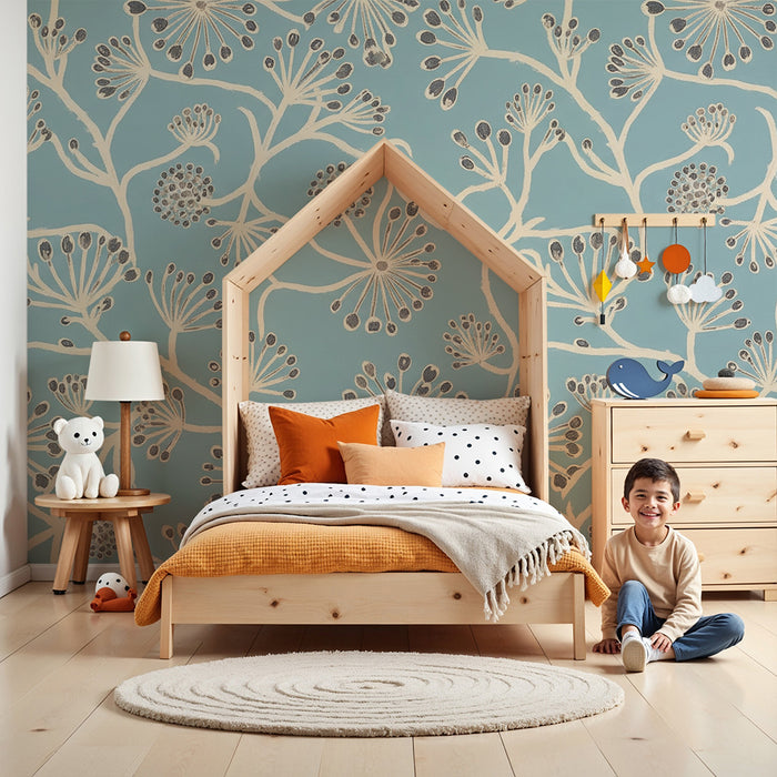 Papel de parede para quarto de bebé | Decoração floral delicada sobre fundo azul suave