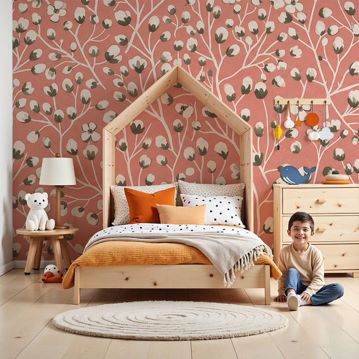 Papel de parede para quarto de bebé | Decoração floral delicada sobre fundo terracota