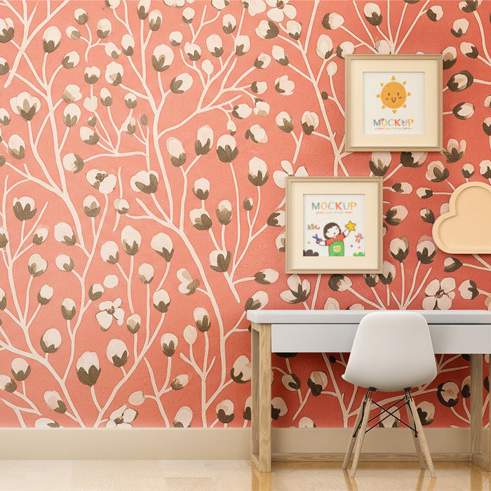 Papel de parede para quarto de bebé | Decoração floral delicada sobre fundo terracota
