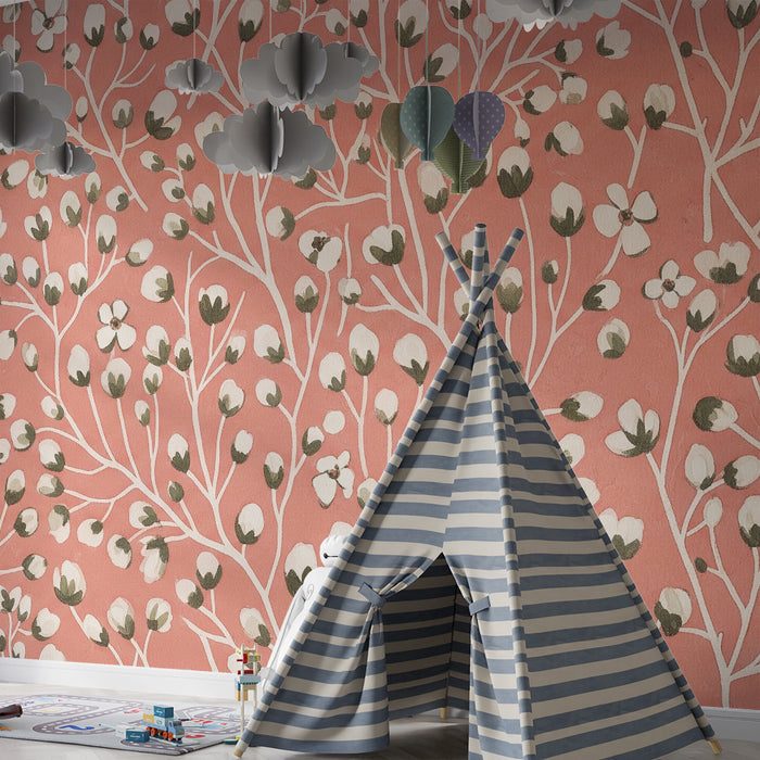 Papel de parede para quarto de bebé | Decoração floral delicada sobre fundo terracota