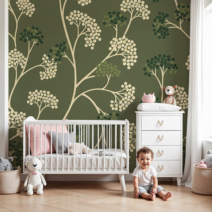 Papier peint chambre bébé | Décor floral délicat sur fond vert olive
