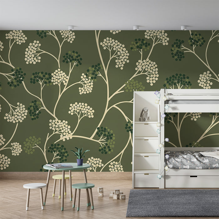 Papier peint chambre bébé | Décor floral délicat sur fond vert olive