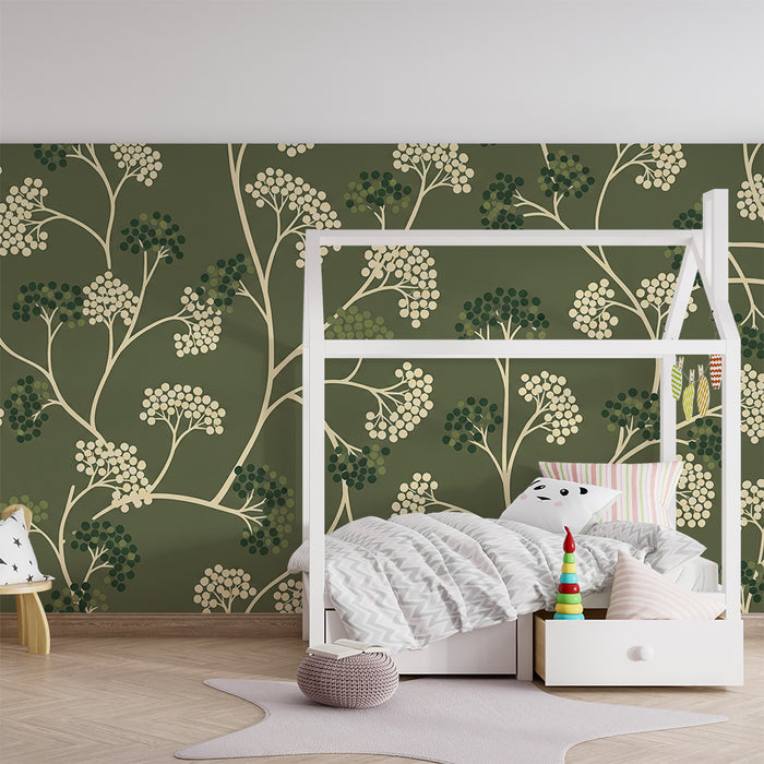 Papier peint chambre bébé | Décor floral délicat sur fond vert olive