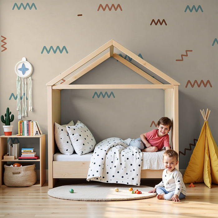 Babyzimmer Tapete | Bunte geometrische Muster auf sanftem Grund