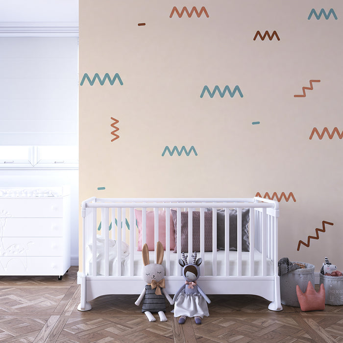 Babyzimmer Tapete | Bunte geometrische Muster auf sanftem Grund